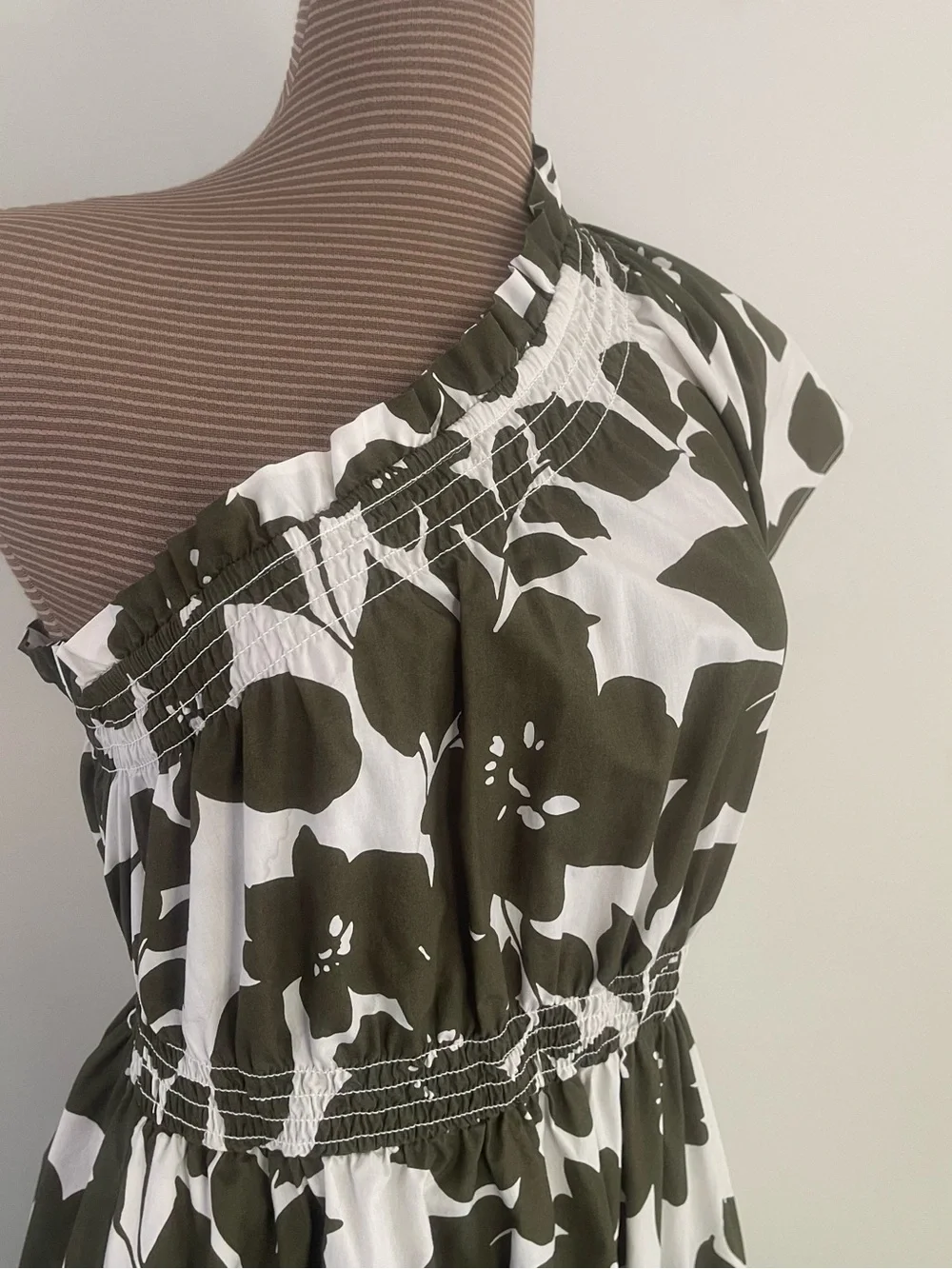 J Crew One-Shoulder Floral Midi Dress in Olive and White Cotton size S - Picture 3 of 9